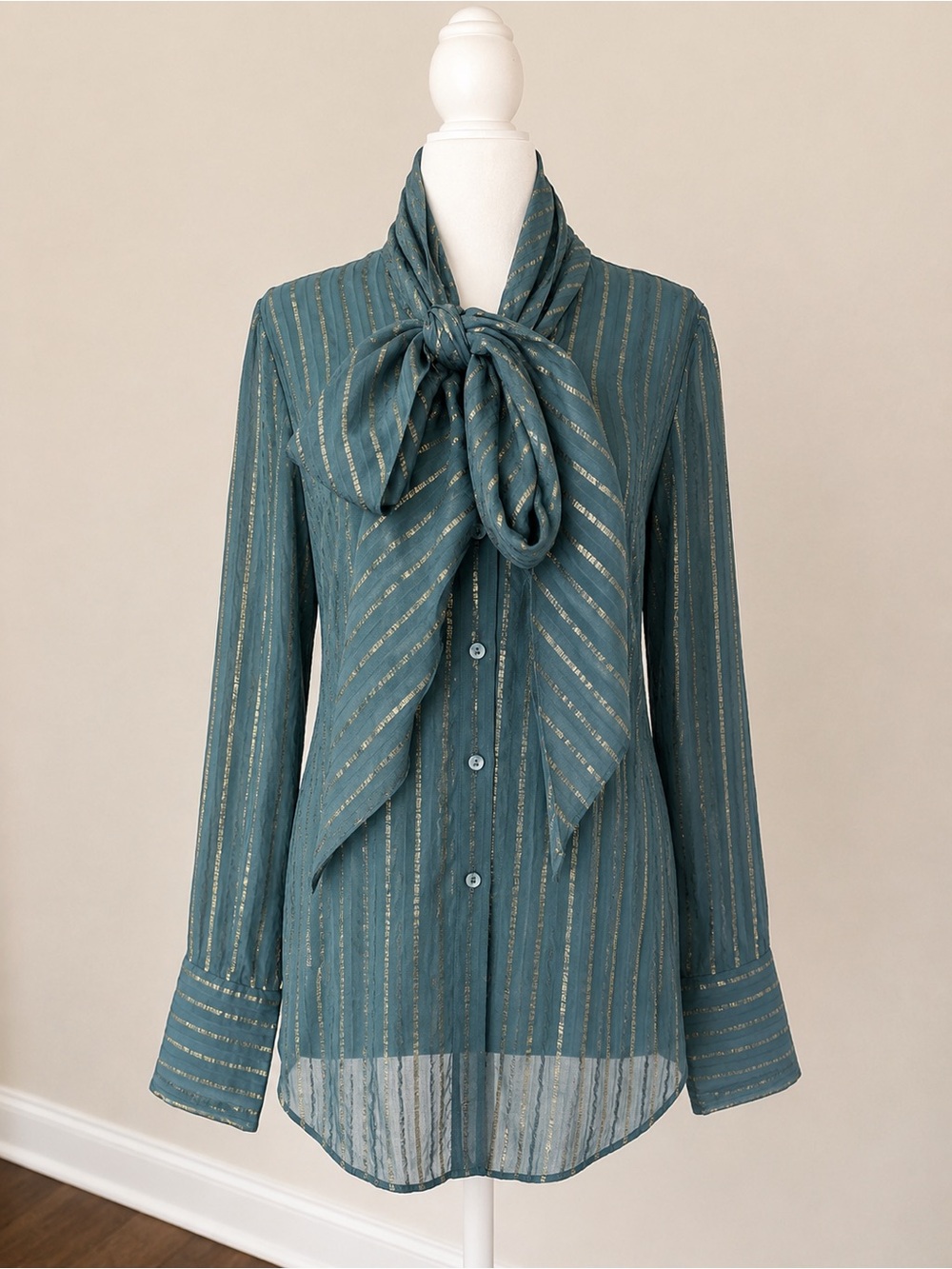 Chicos Black Label Silk Teal and metallic Tie-Neck Blouse